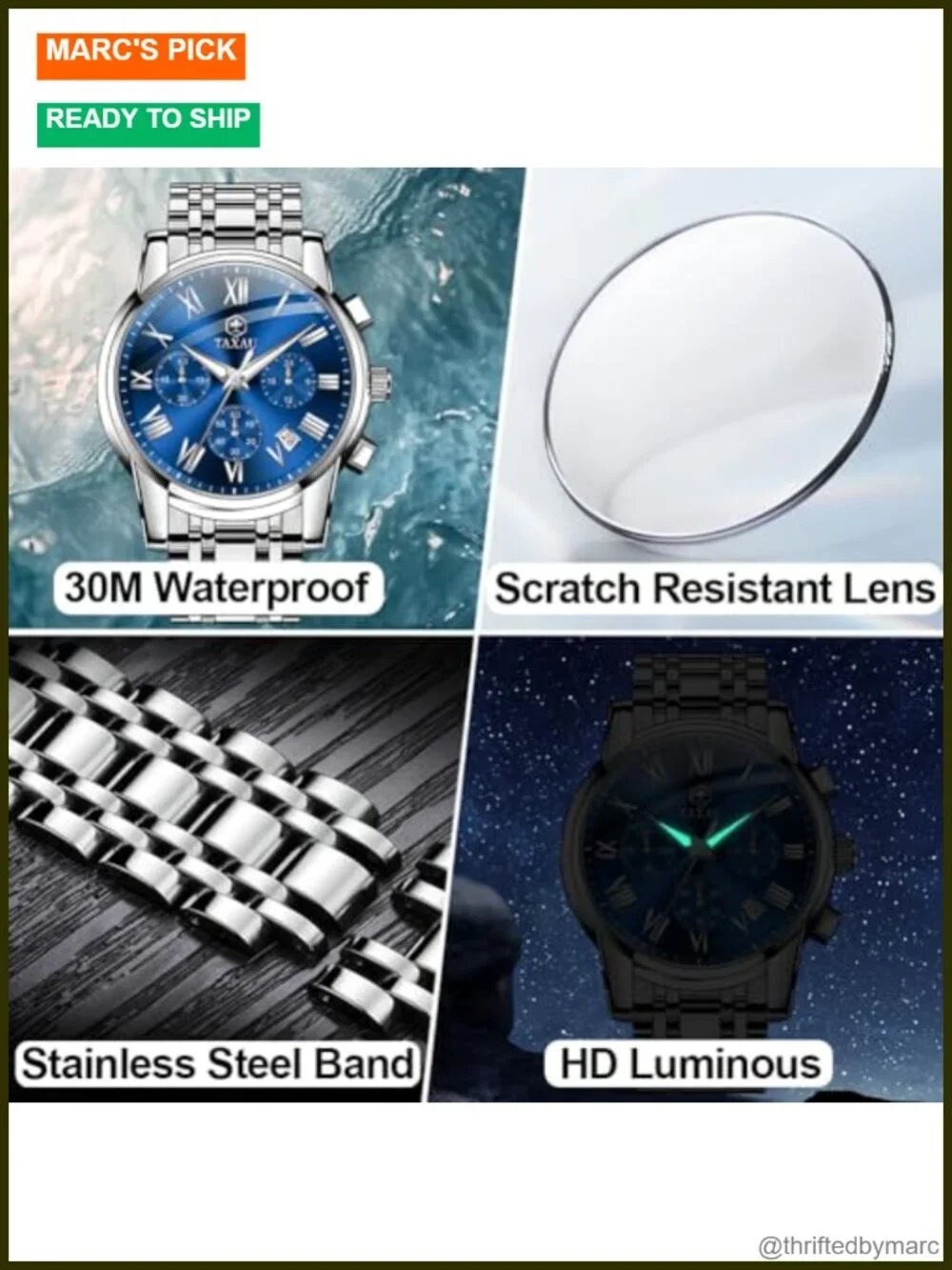 Stainless Steel Mens Watch Day Date Quartz Analog Large Face Luminous Dress